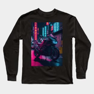 Neon Speedster: Motorcycle Majesty in a Japanese Metropolis Long Sleeve T-Shirt